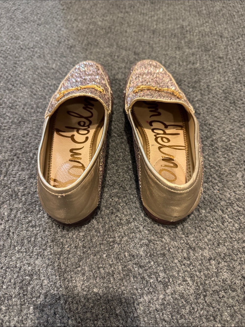 Sam Edelman Rose Pink Glitter Loafers with Gold Bit - Picture 2 of 3